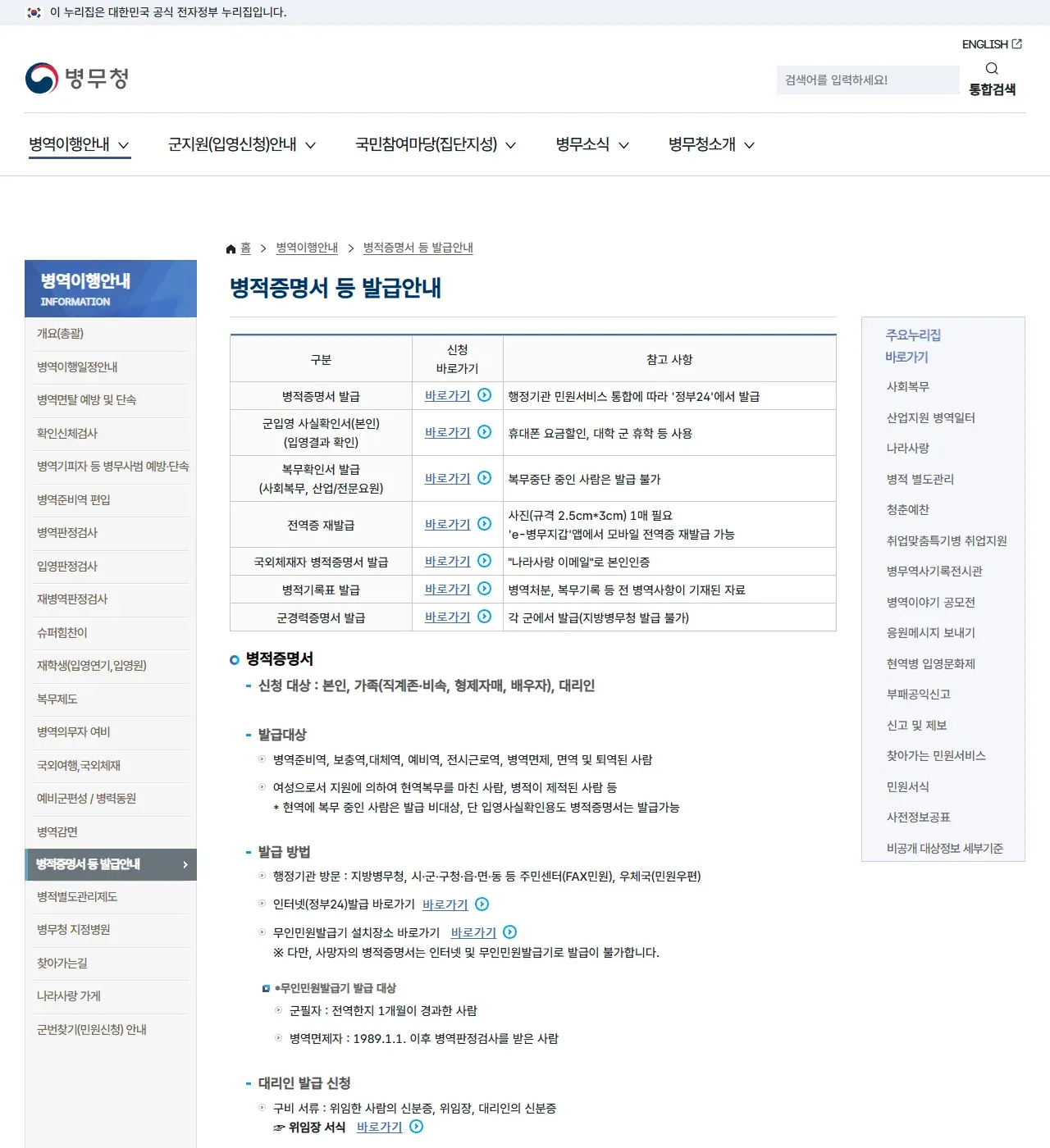 병무청 병적증명서 등 발급안내 표와 그 아래 병적증명서 항목. 신청 대상 본인·가족·대리인, 발급대상 병역준비역·보충역·대체역·예비역·전시근로역·병역면제 등, 현역 복무 중인 사람은 발급 비대상(입영사실확인용은 가능), 사망자는 인터넷·무인민원발급기 발급 불가, 무인민원발급기 발급 대상이 보인다