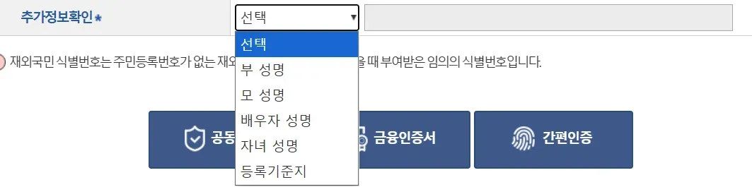 추가정보확인 드롭다운을 펼치자 부 성명, 모 성명, 배우자 성명, 자녀 성명, 등록기준지가 나오는 모습