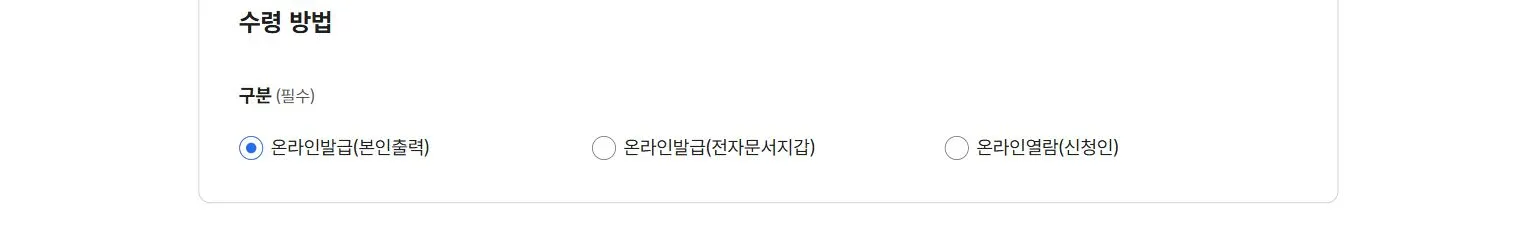 정부24 소득금액증명 수령 방법에 온라인발급 본인출력, 전자문서지갑, 온라인열람 신청인이 표시된 공개 화면